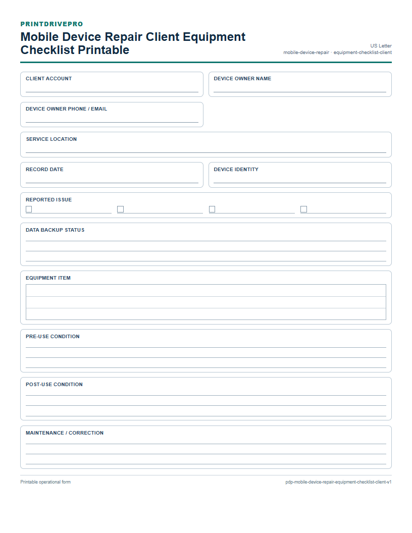 Mobile Device Repair Client Equipment Checklist Printable preview