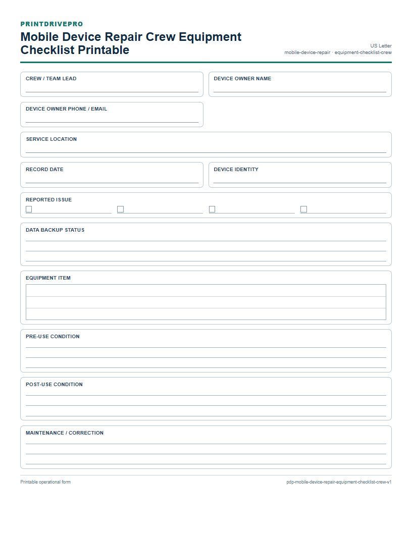 Mobile Device Repair Crew Equipment Checklist Printable preview
