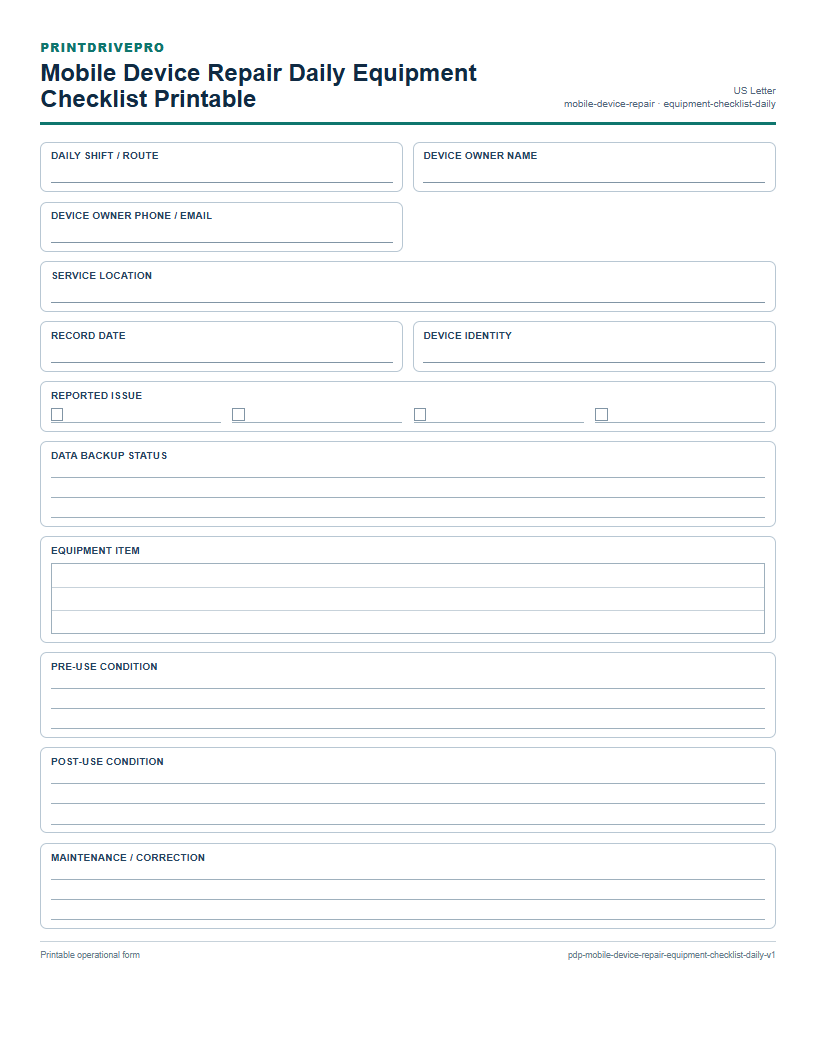 Mobile Device Repair Daily Equipment Checklist Printable preview