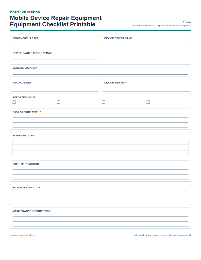 Mobile Device Repair Equipment Equipment Checklist Printable preview
