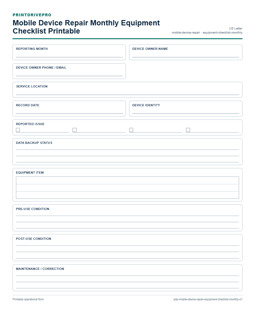 Mobile Device Repair Monthly Equipment Checklist Printable preview