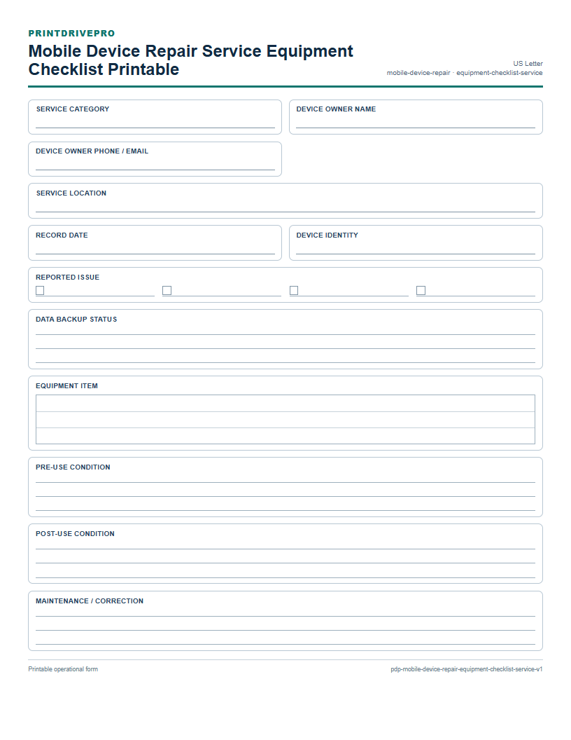 Mobile Device Repair Service Equipment Checklist Printable preview