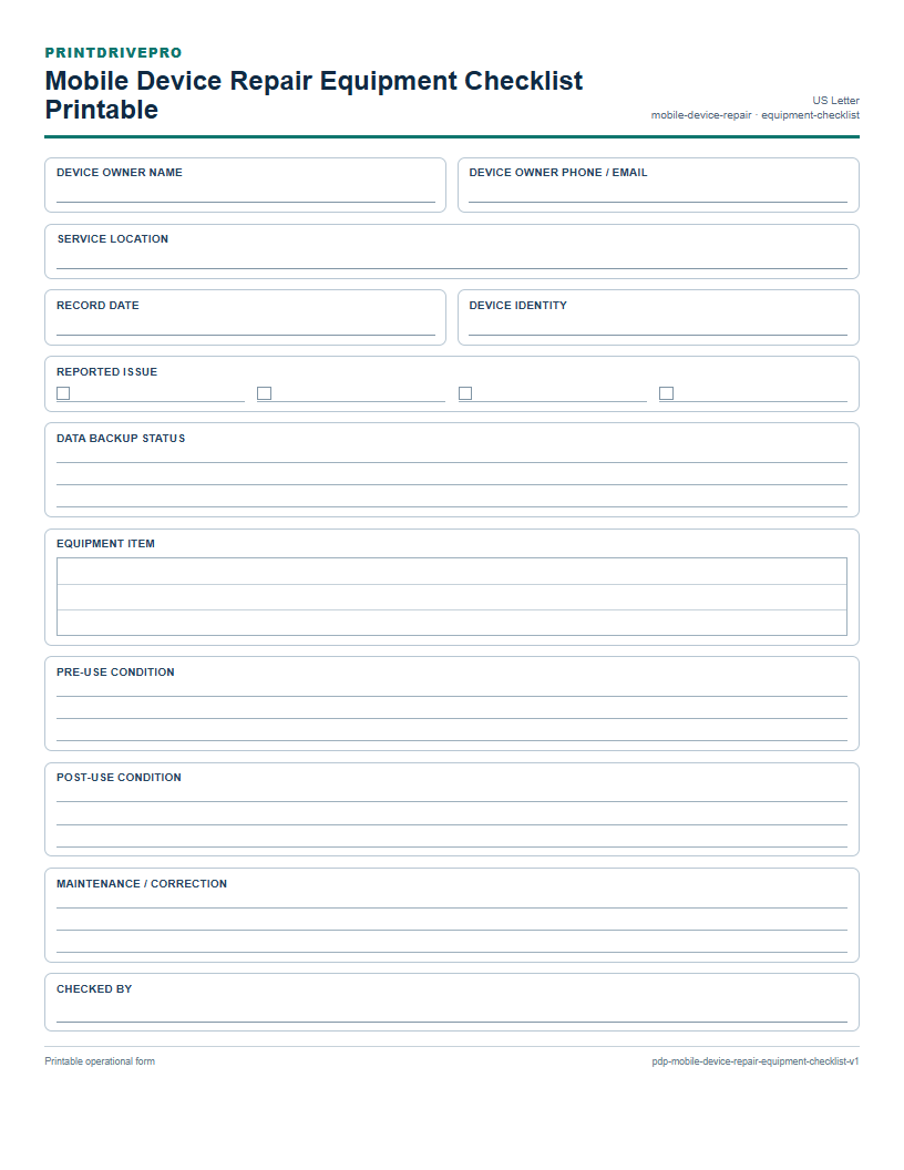 Mobile Device Repair Equipment Checklist Printable preview
