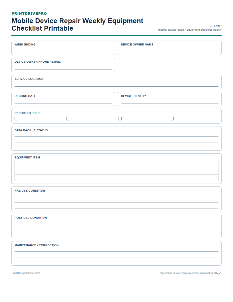 Mobile Device Repair Weekly Equipment Checklist Printable preview