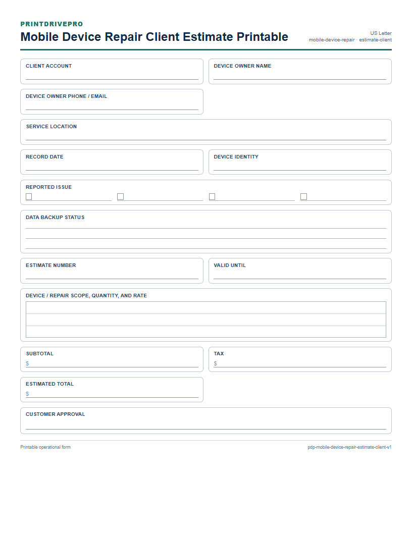 Mobile Device Repair Client Estimate Printable preview