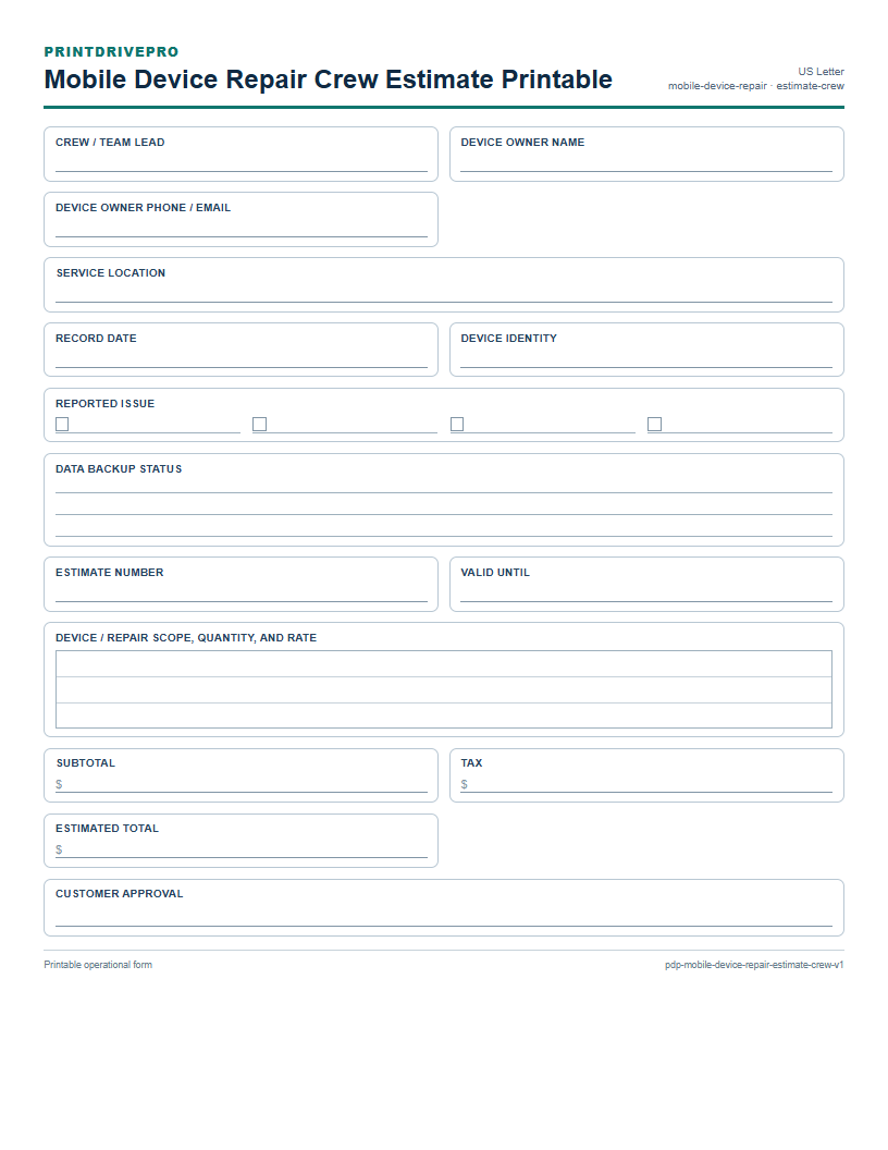 Mobile Device Repair Crew Estimate Printable preview