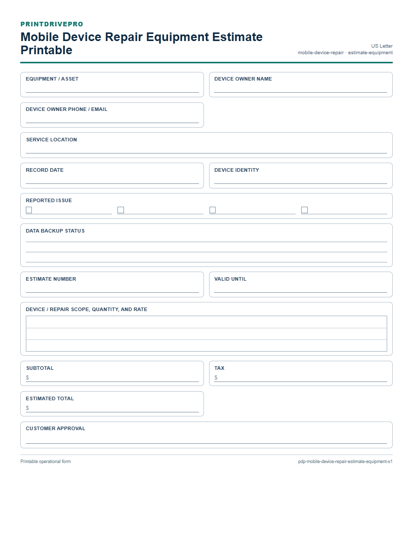 Mobile Device Repair Equipment Estimate Printable preview