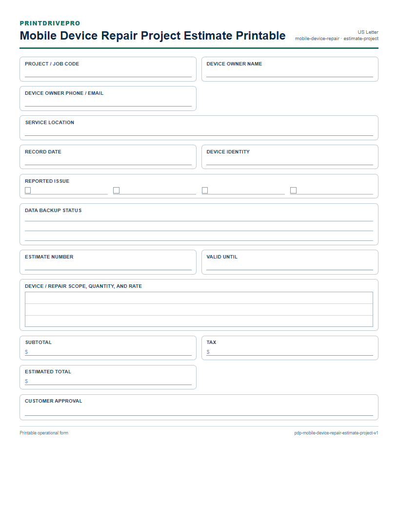 Mobile Device Repair Project Estimate Printable preview