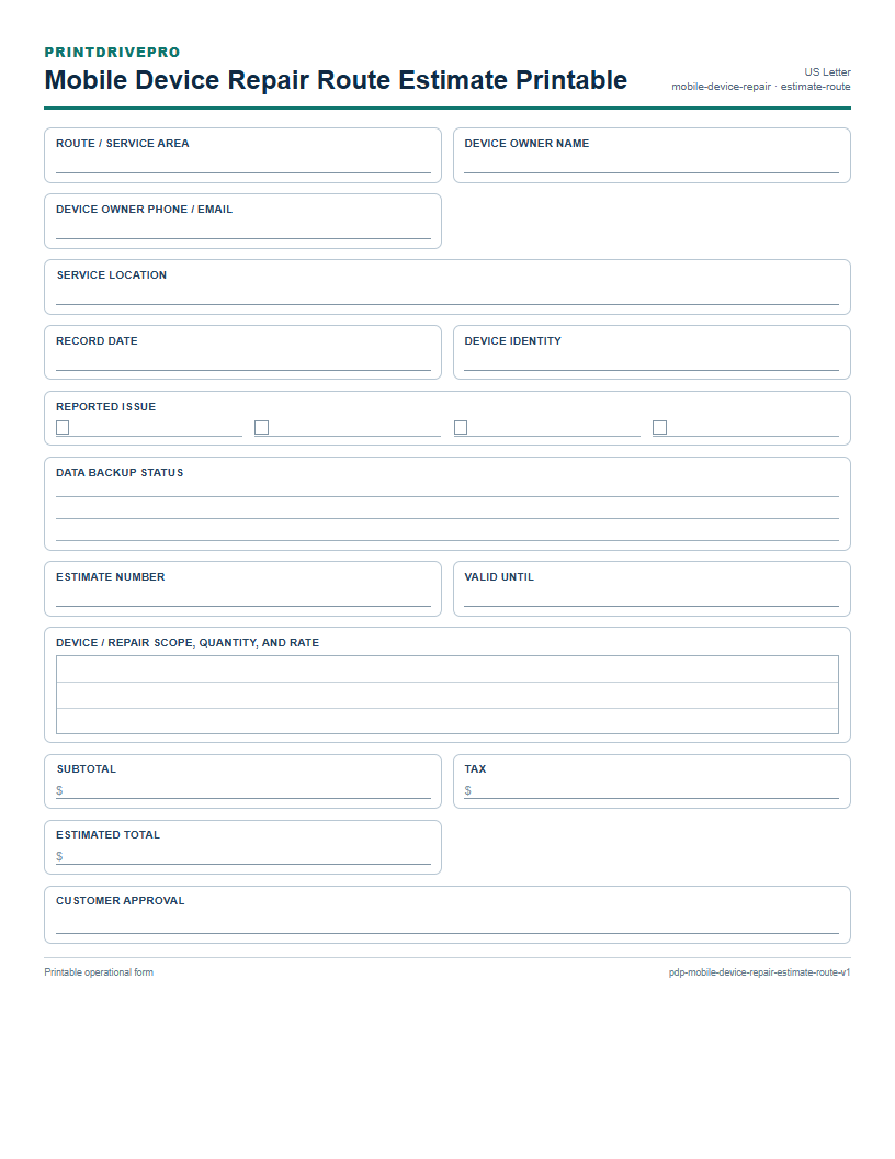 Mobile Device Repair Route Estimate Printable preview