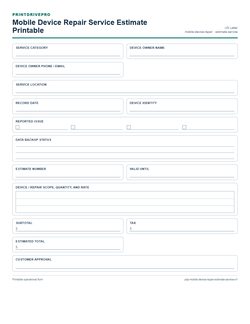 Mobile Device Repair Service Estimate Printable preview