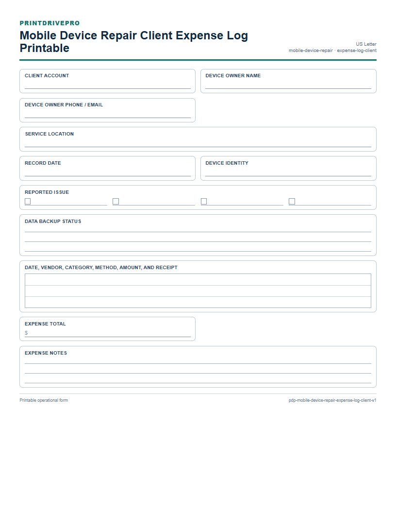 Mobile Device Repair Client Expense Log Printable preview