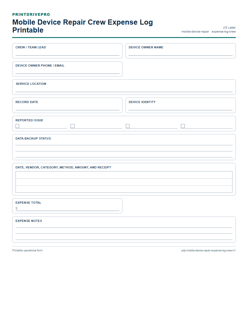 Mobile Device Repair Crew Expense Log Printable preview