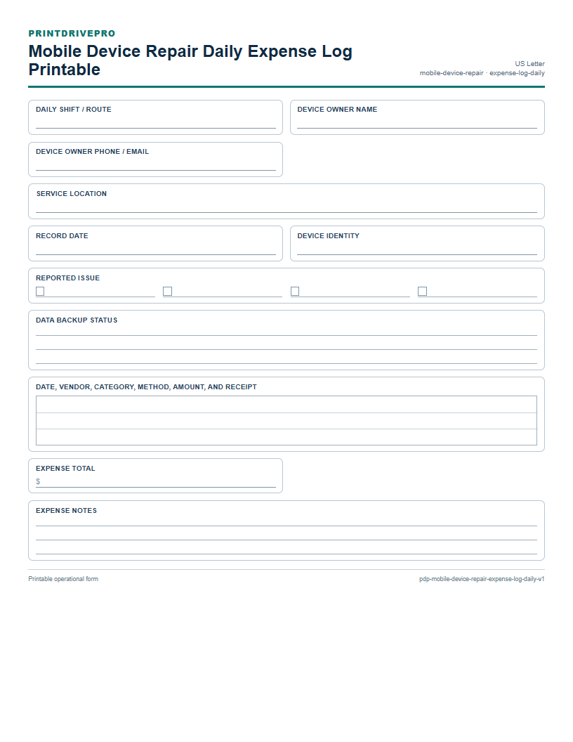 Mobile Device Repair Daily Expense Log Printable preview