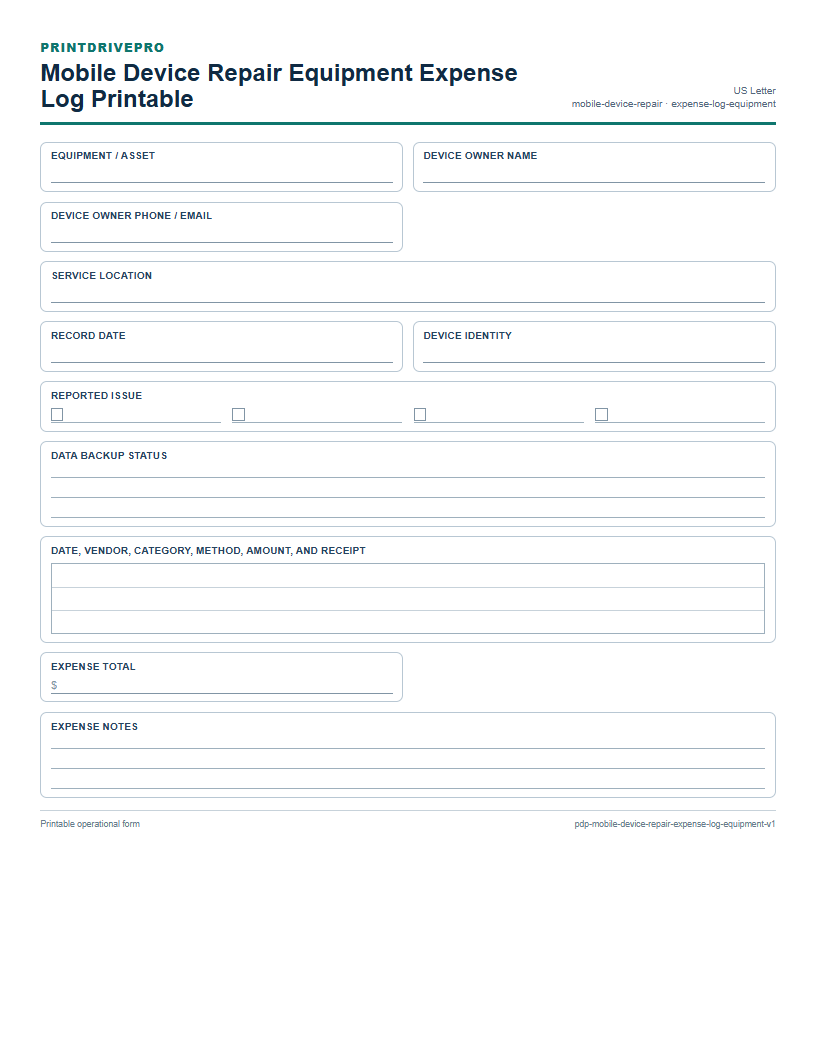 Mobile Device Repair Equipment Expense Log Printable preview