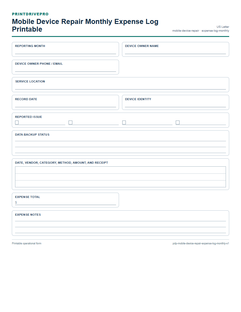 Mobile Device Repair Monthly Expense Log Printable preview