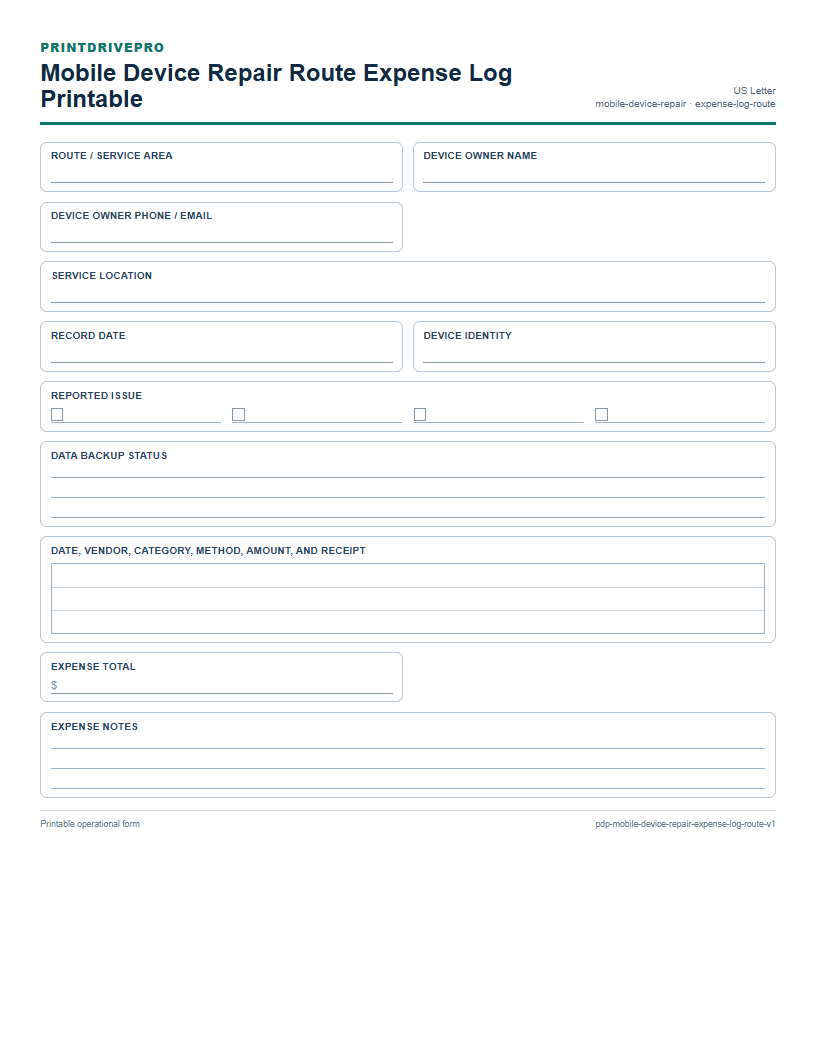 Mobile Device Repair Route Expense Log Printable preview