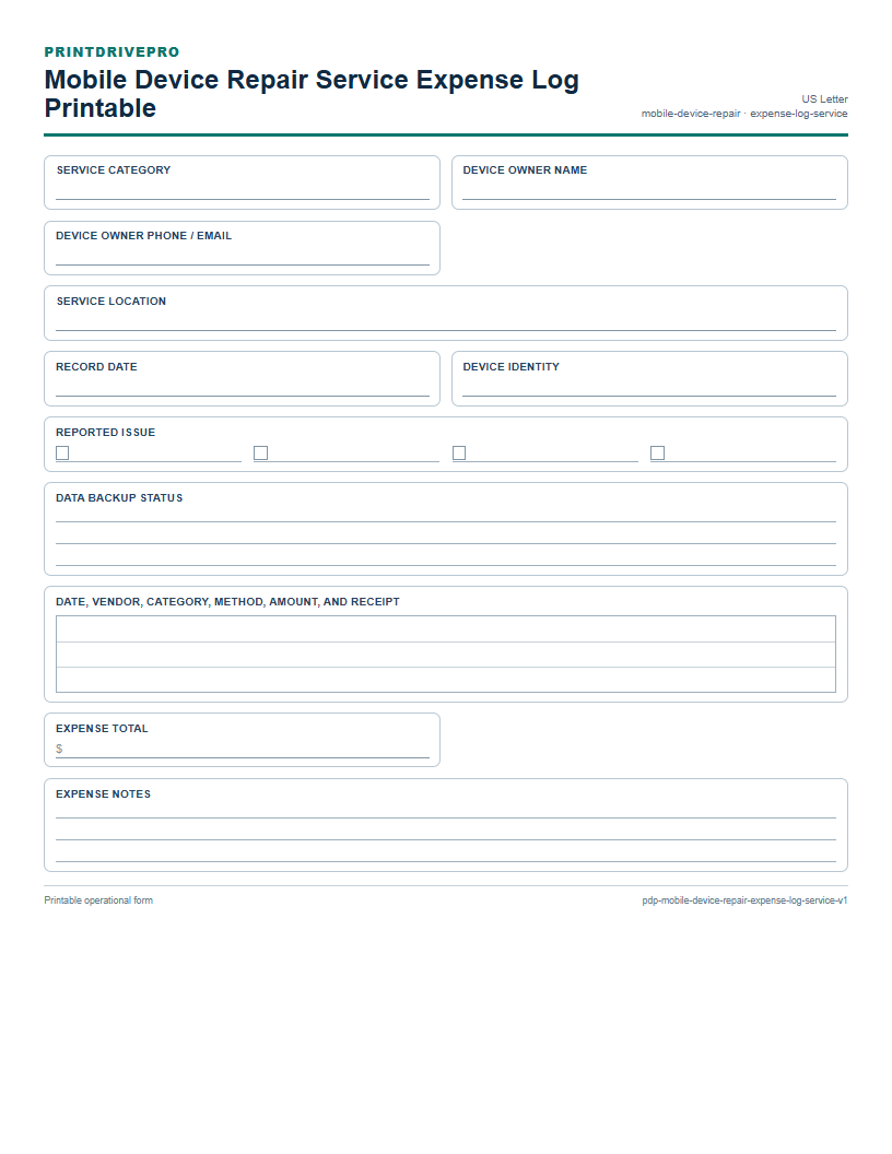 Mobile Device Repair Service Expense Log Printable preview