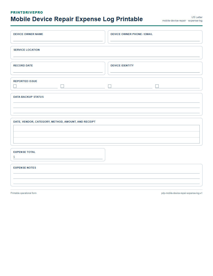 Mobile Device Repair Expense Log Printable preview
