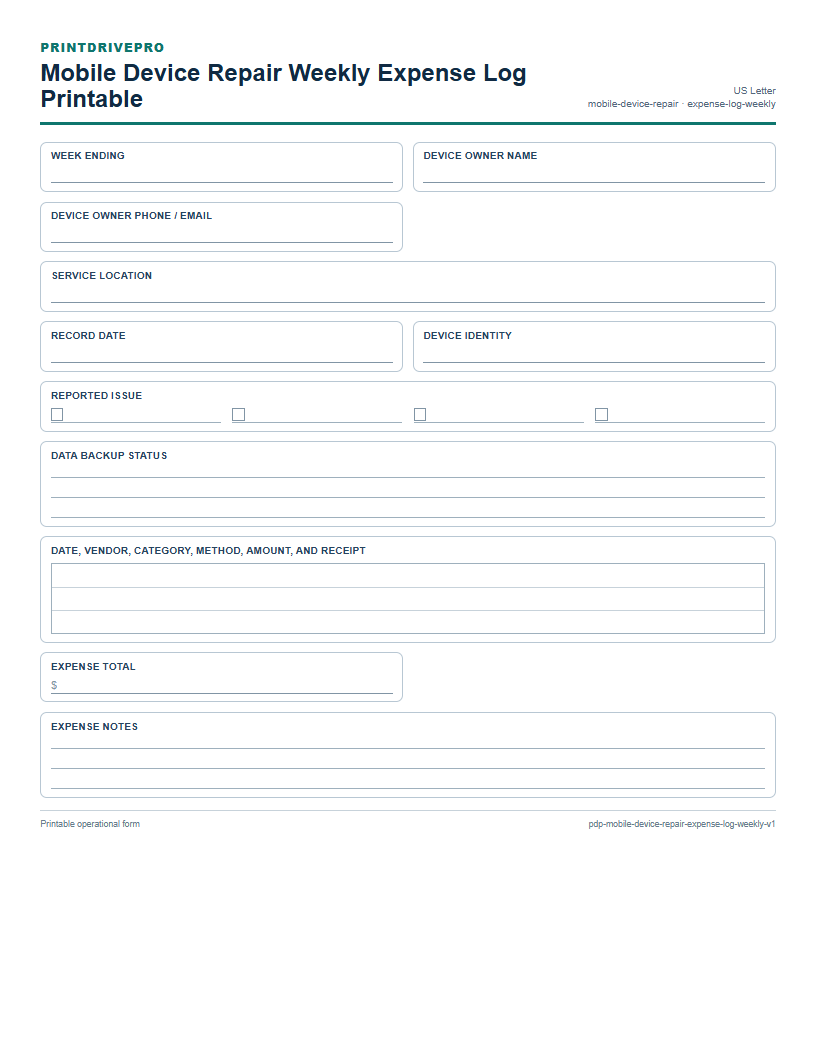Mobile Device Repair Weekly Expense Log Printable preview