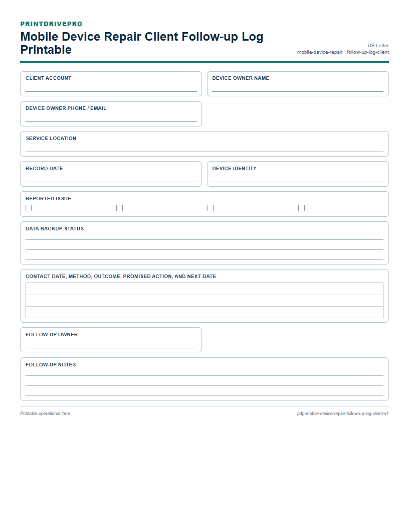 Mobile Device Repair Client Follow-up Log Printable preview