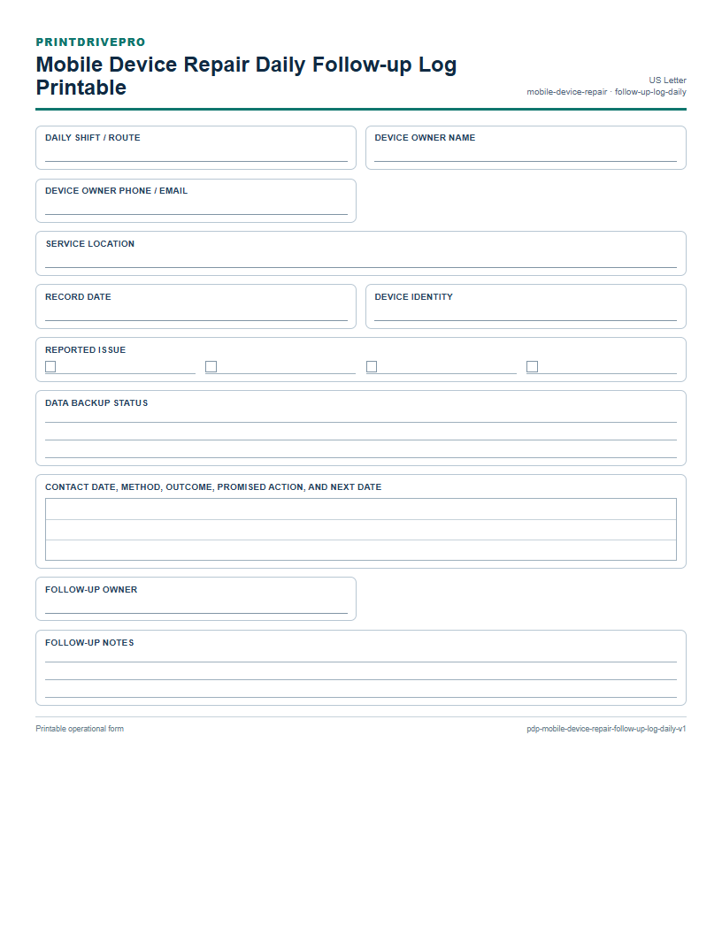 Mobile Device Repair Daily Follow-up Log Printable preview