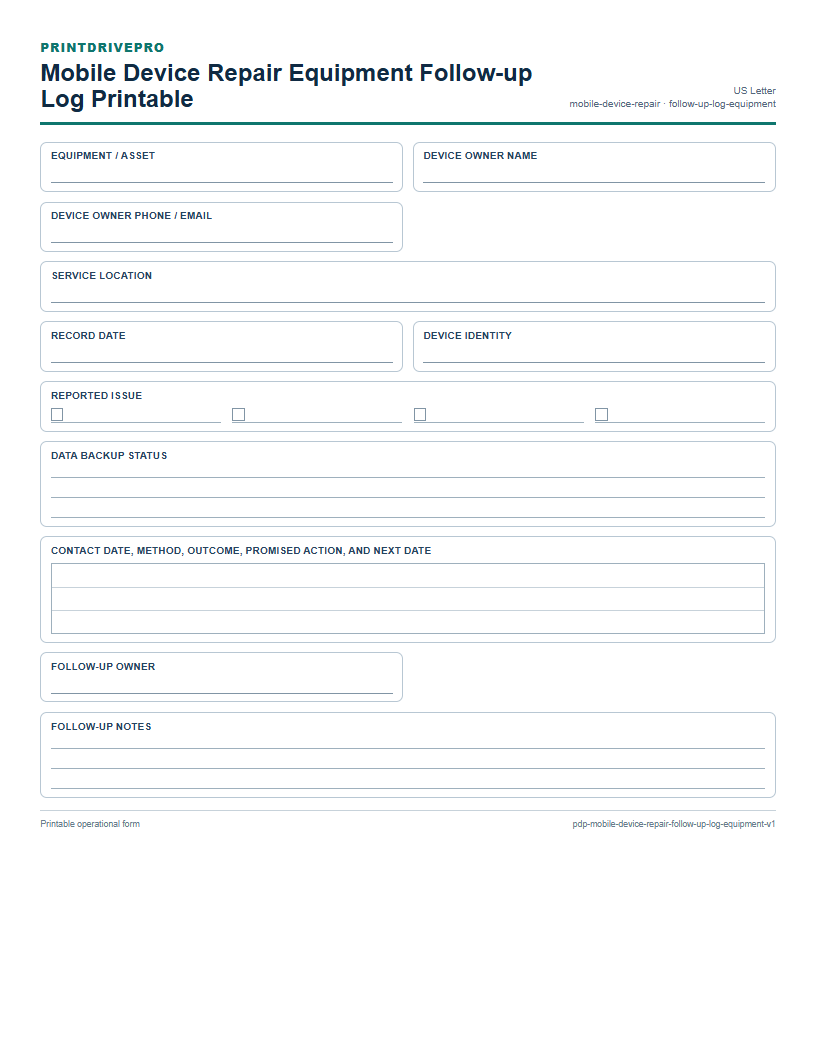 Mobile Device Repair Equipment Follow-up Log Printable preview