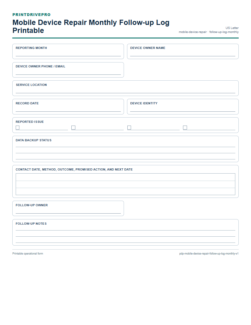 Mobile Device Repair Monthly Follow-up Log Printable preview