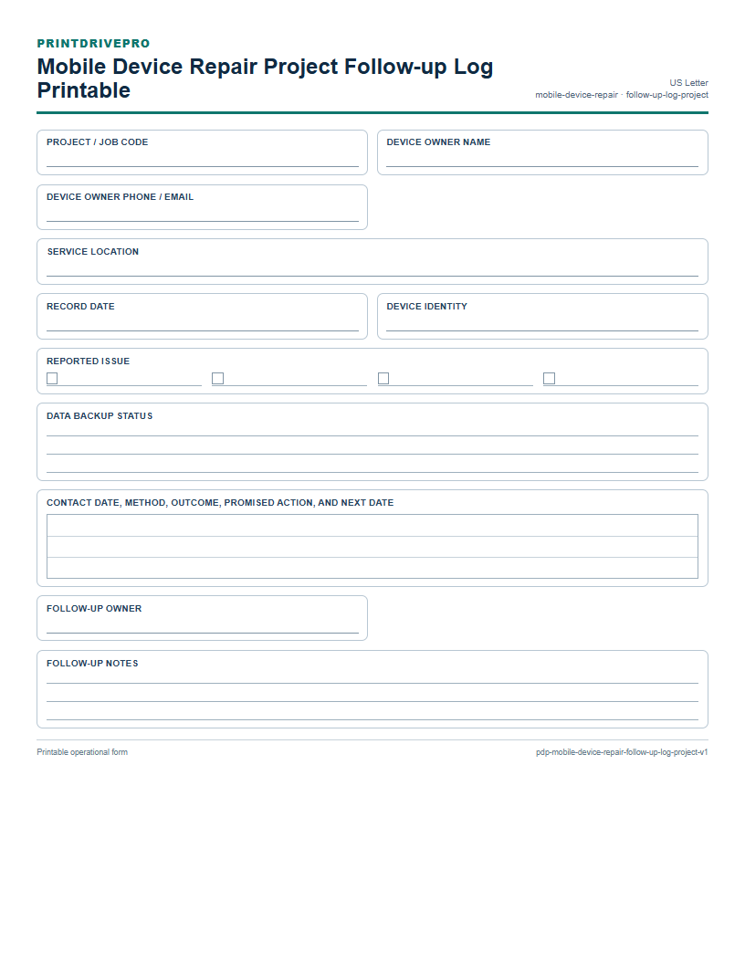 Mobile Device Repair Project Follow-up Log Printable preview