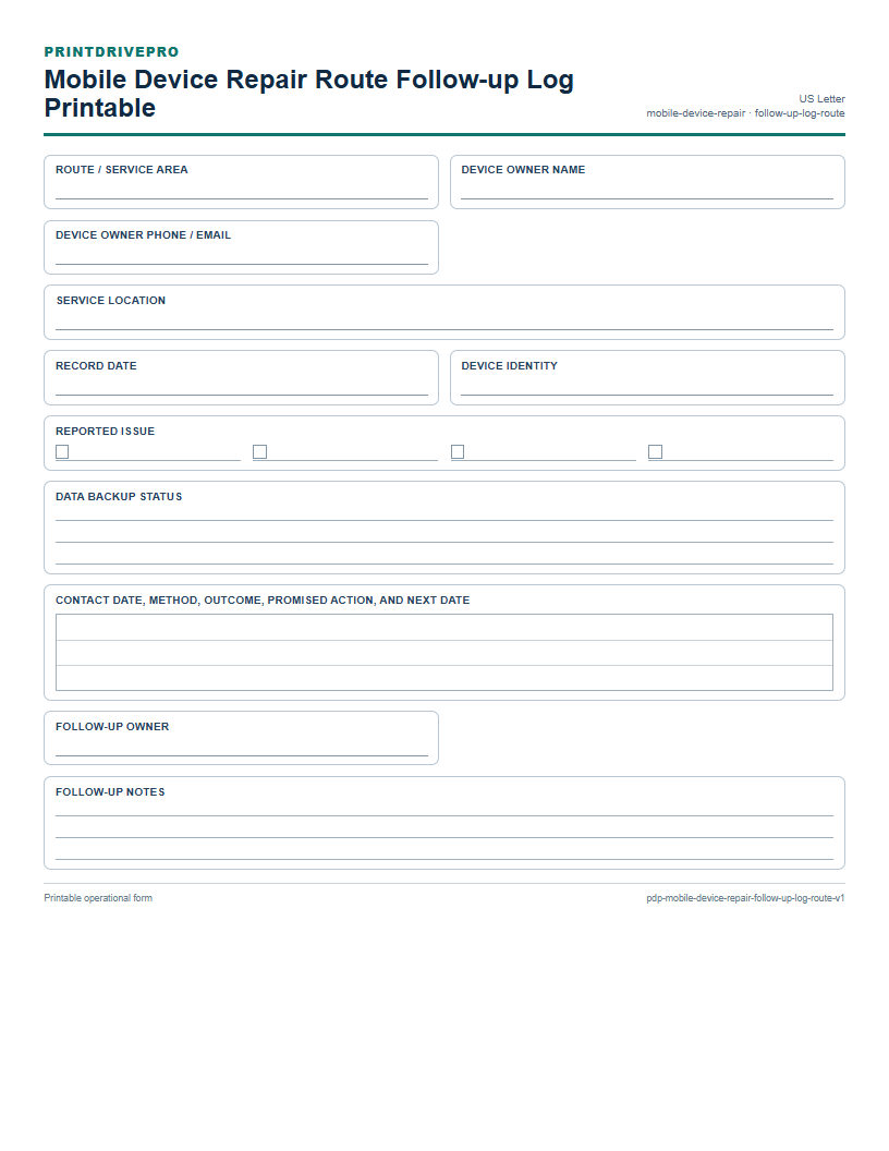 Mobile Device Repair Route Follow-up Log Printable preview
