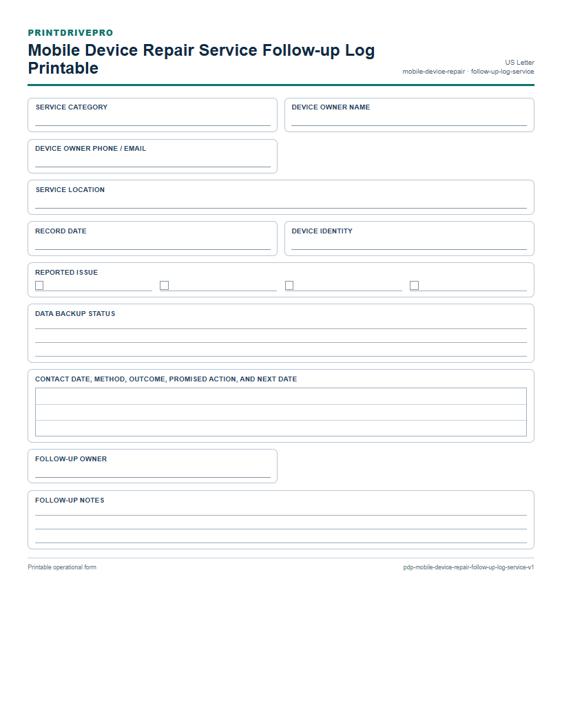 Mobile Device Repair Service Follow-up Log Printable preview