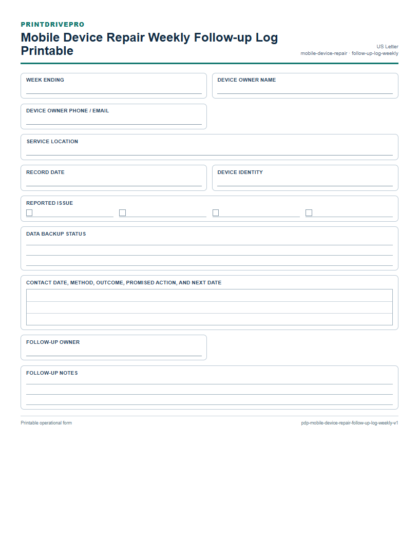 Mobile Device Repair Weekly Follow-up Log Printable preview