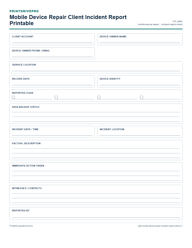 Mobile Device Repair Client Incident Report Printable preview
