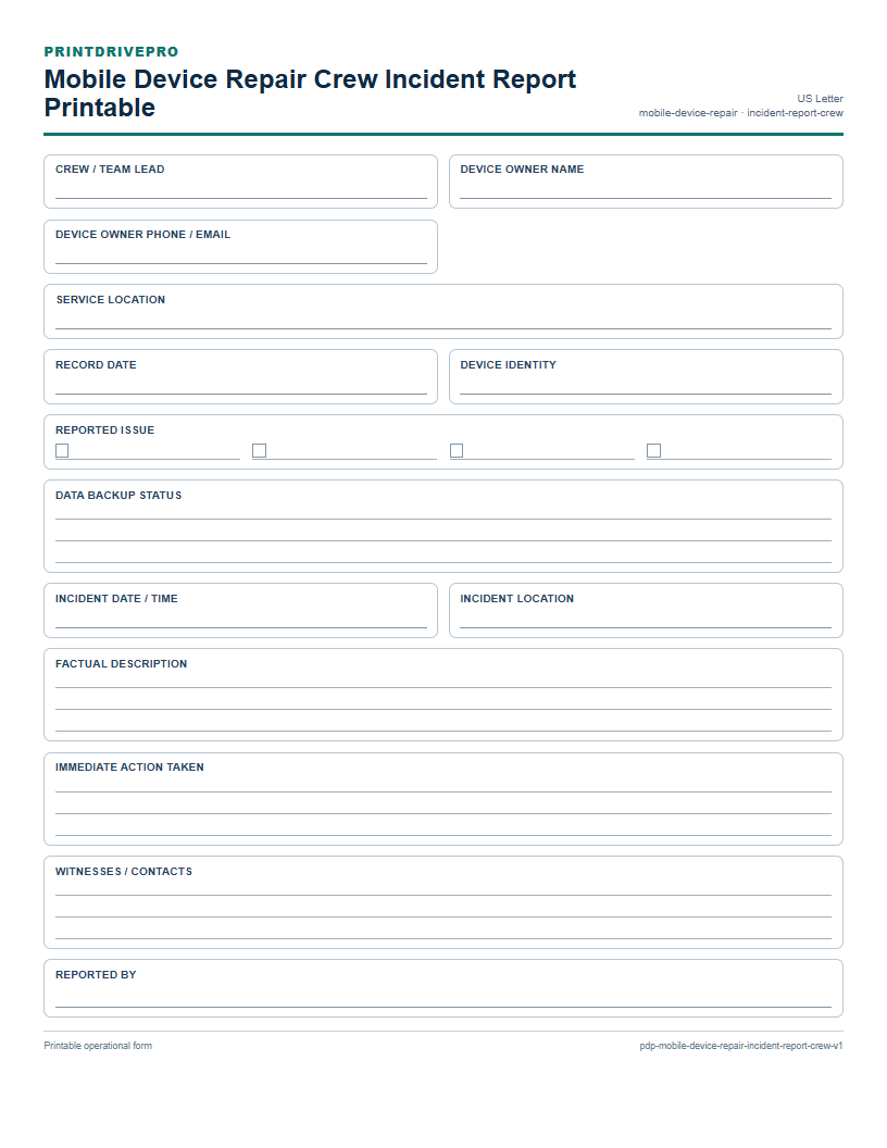 Mobile Device Repair Crew Incident Report Printable preview