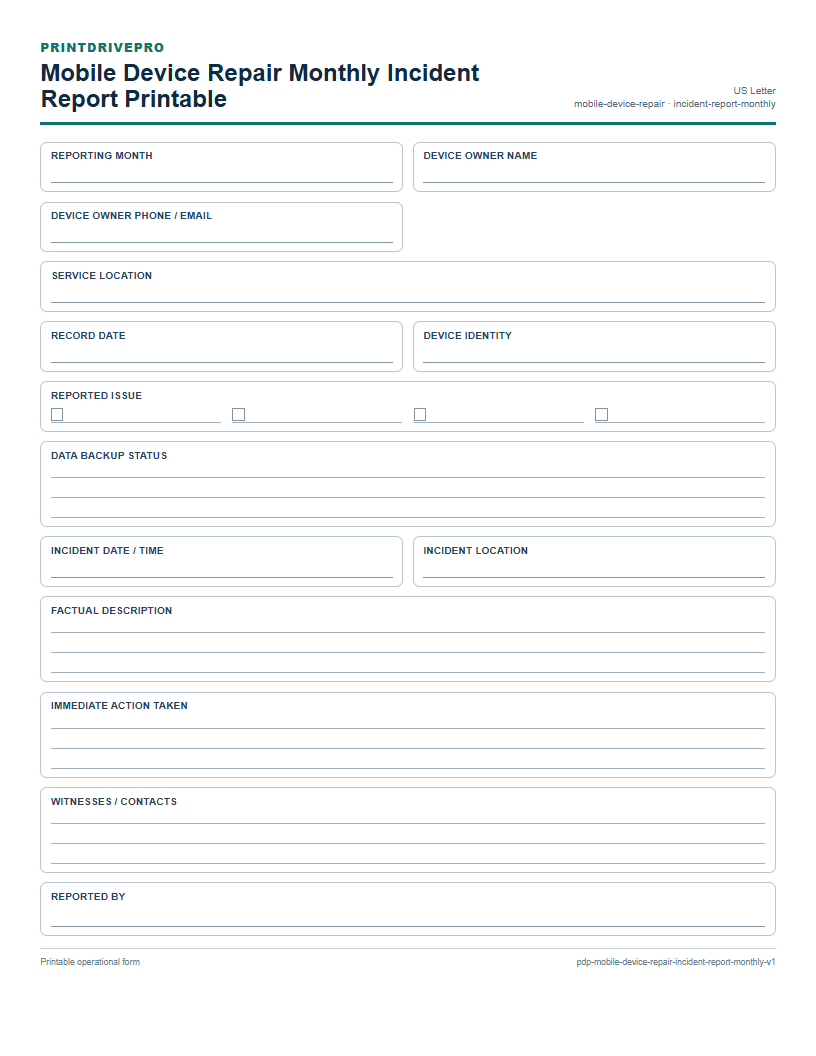 Mobile Device Repair Monthly Incident Report Printable preview