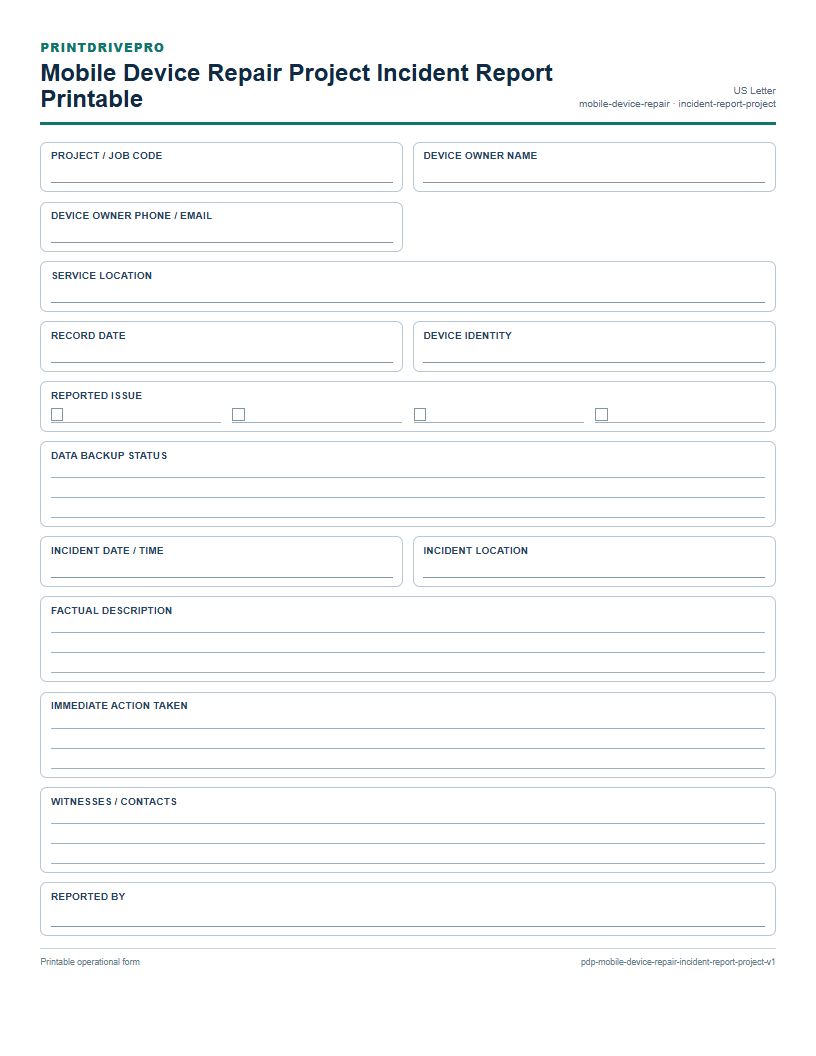 Mobile Device Repair Project Incident Report Printable preview