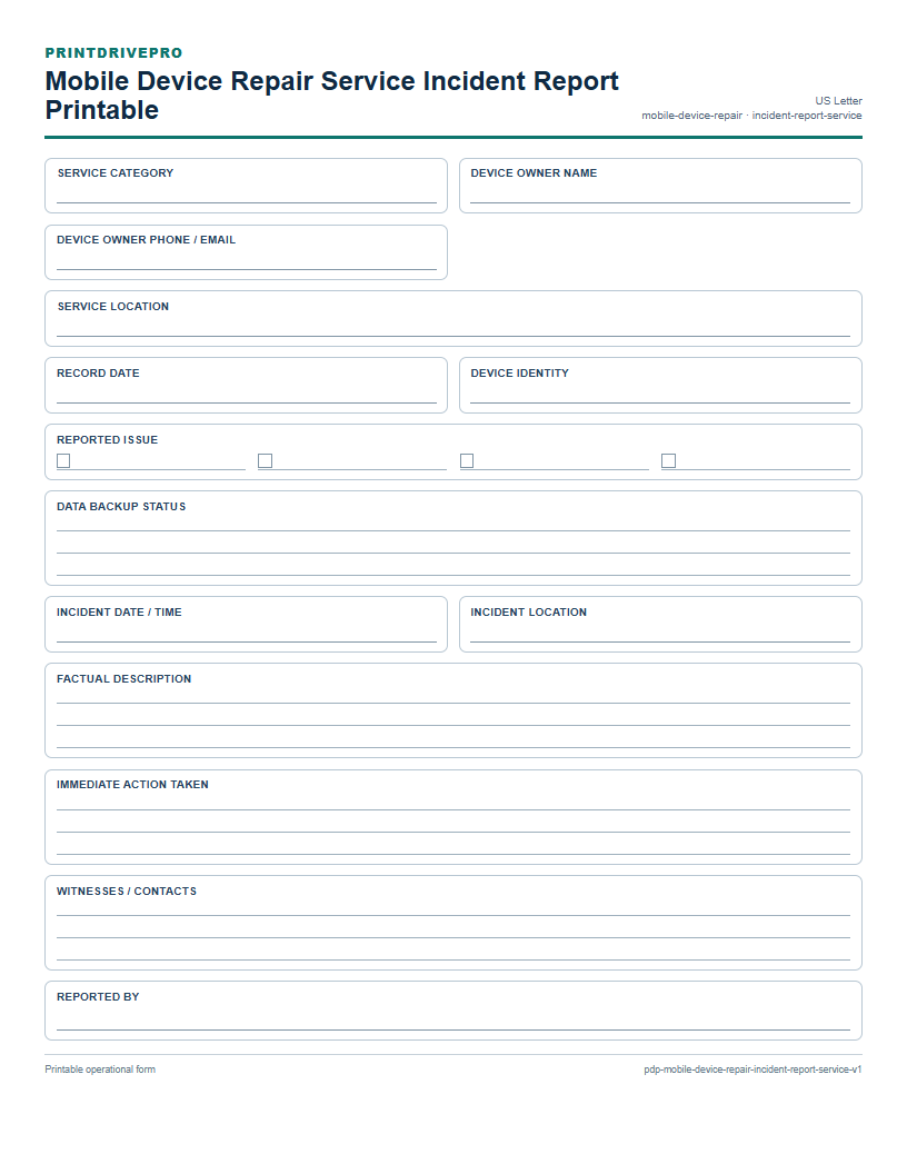 Mobile Device Repair Service Incident Report Printable preview