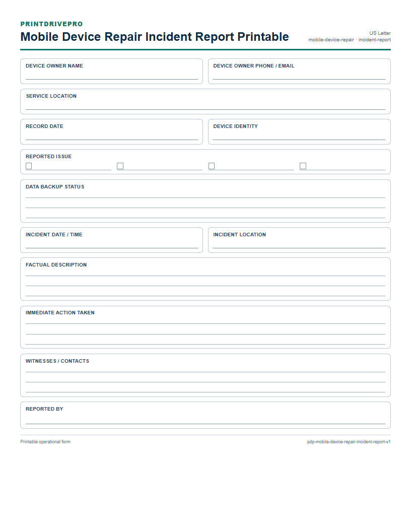 Mobile Device Repair Incident Report Printable preview