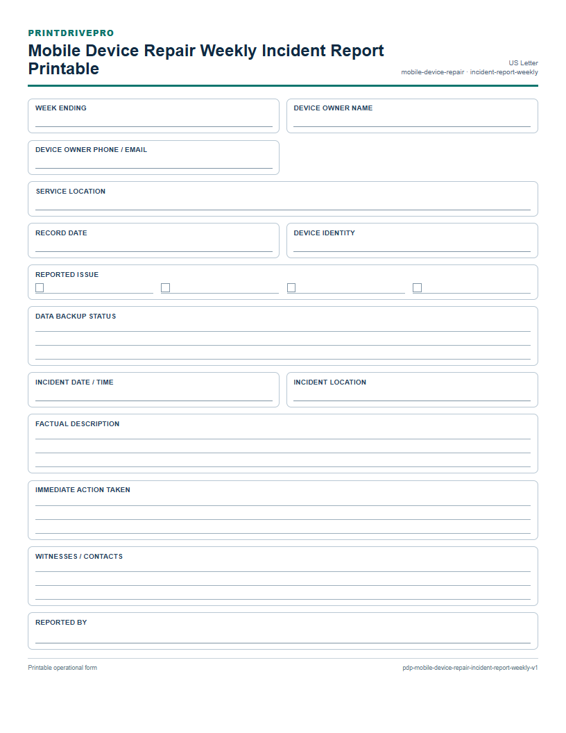 Mobile Device Repair Weekly Incident Report Printable preview