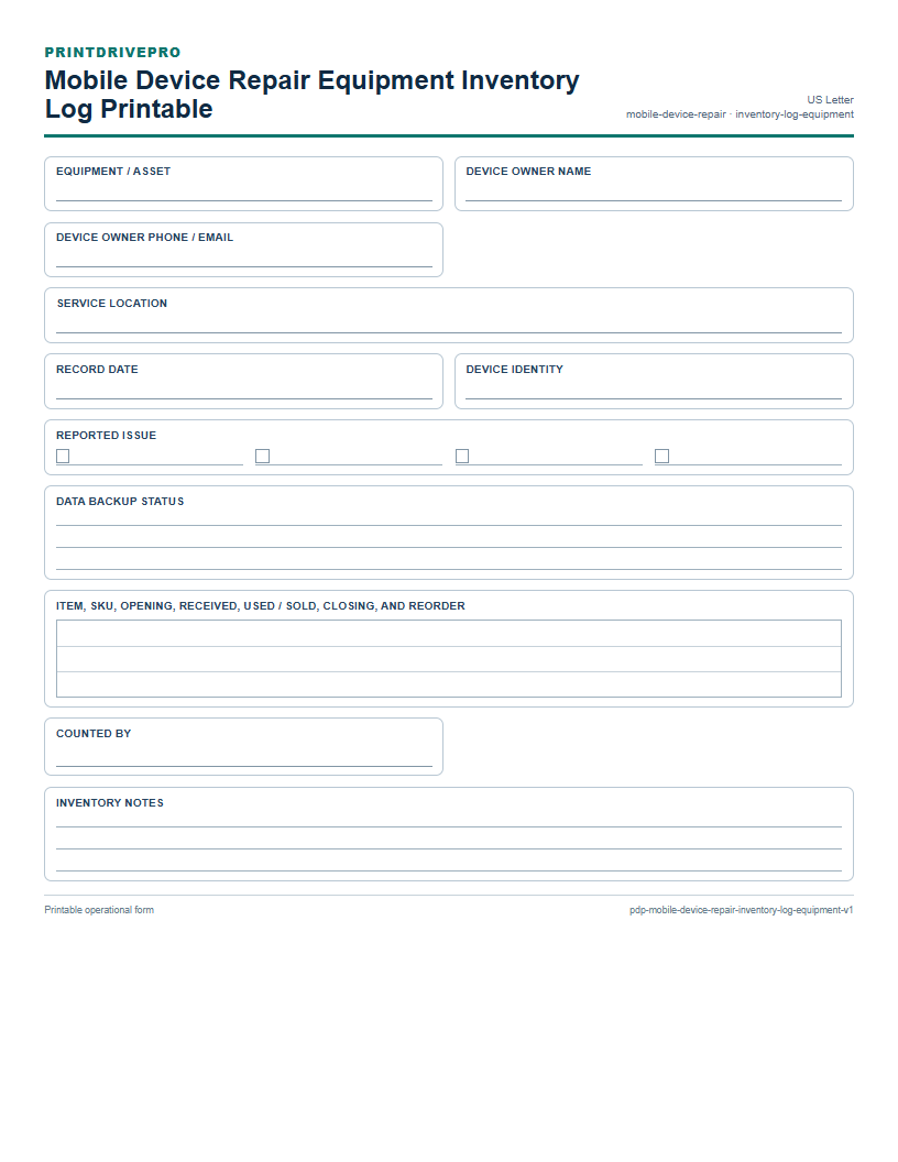 Mobile Device Repair Equipment Inventory Log Printable preview