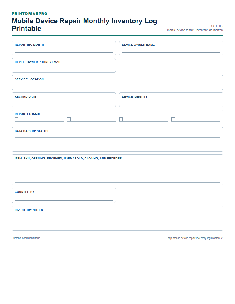 Mobile Device Repair Monthly Inventory Log Printable preview