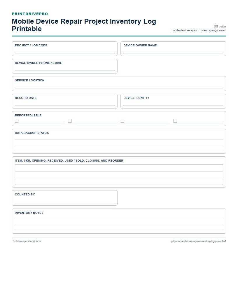 Mobile Device Repair Project Inventory Log Printable preview