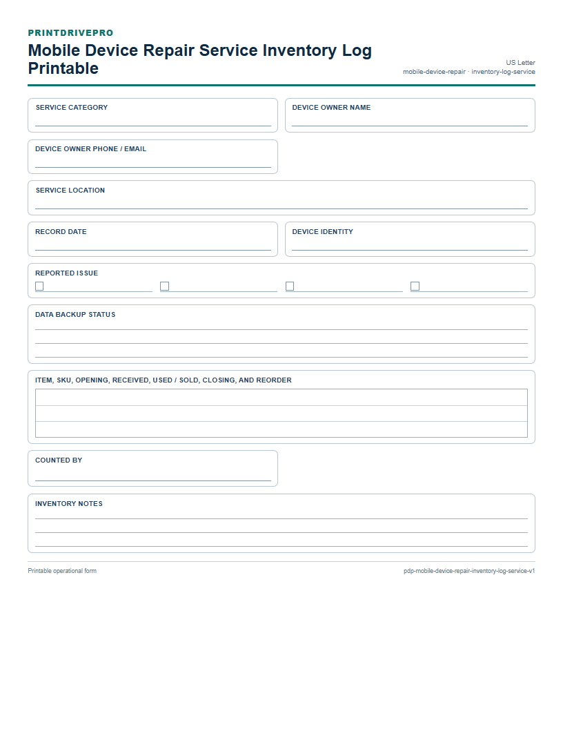 Mobile Device Repair Service Inventory Log Printable preview