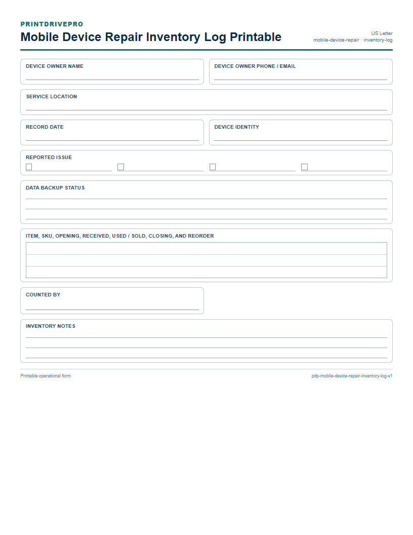 Mobile Device Repair Inventory Log Printable preview