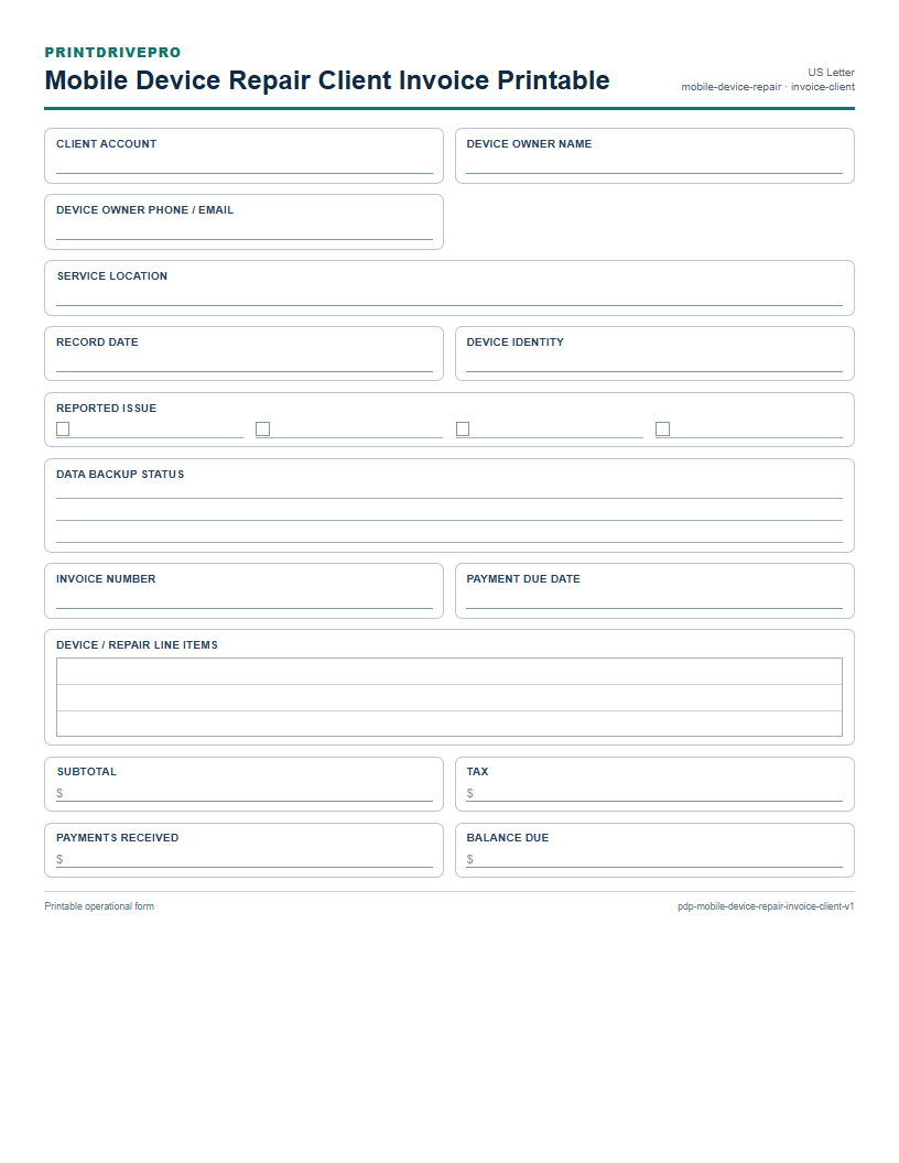 Mobile Device Repair Client Invoice Printable preview
