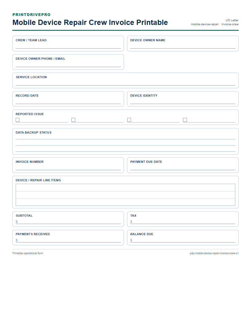 Mobile Device Repair Crew Invoice Printable preview