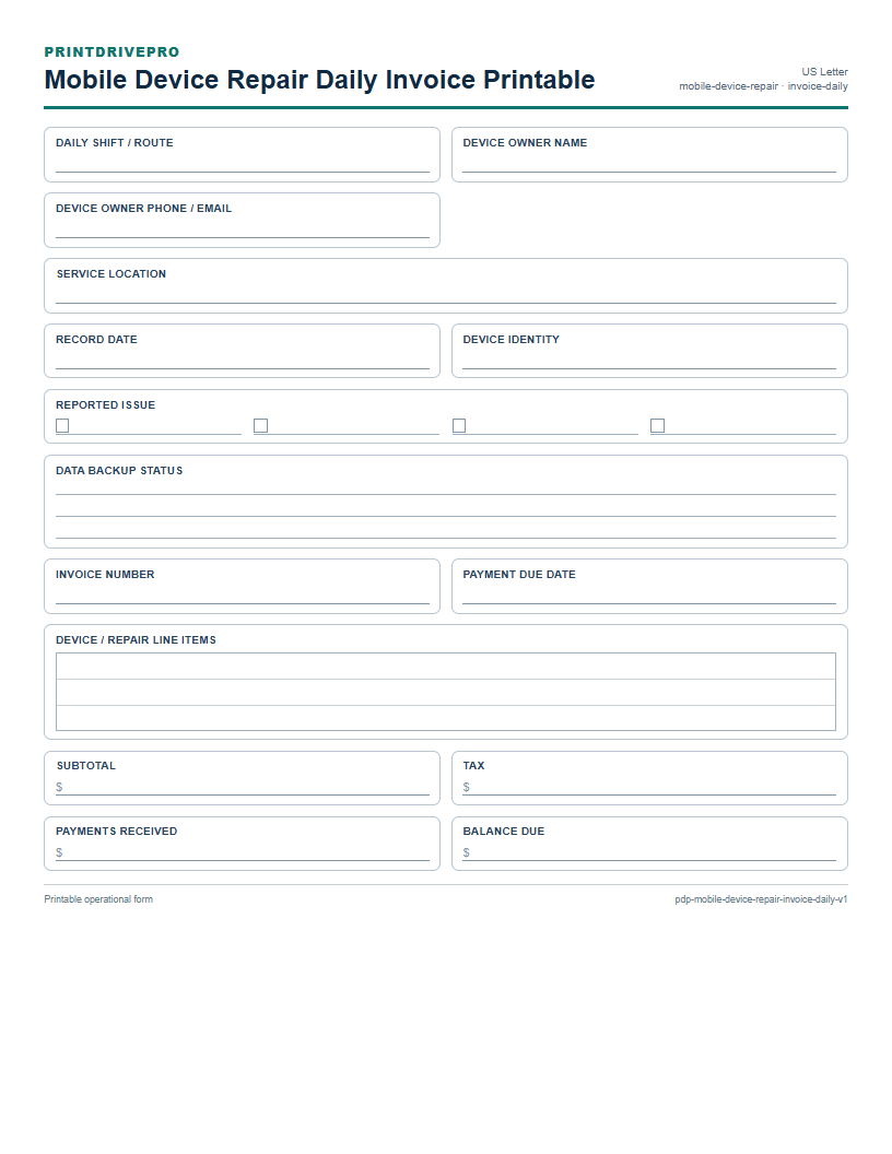 Mobile Device Repair Daily Invoice Printable preview