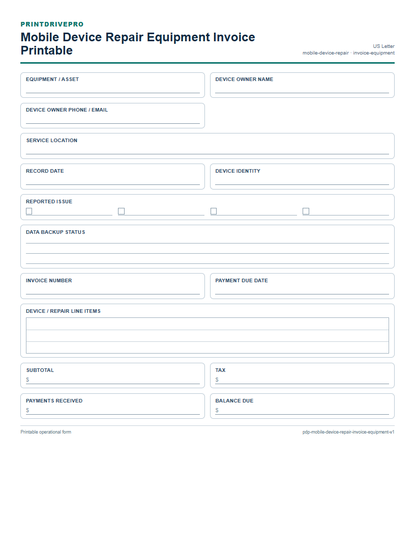 Mobile Device Repair Equipment Invoice Printable preview