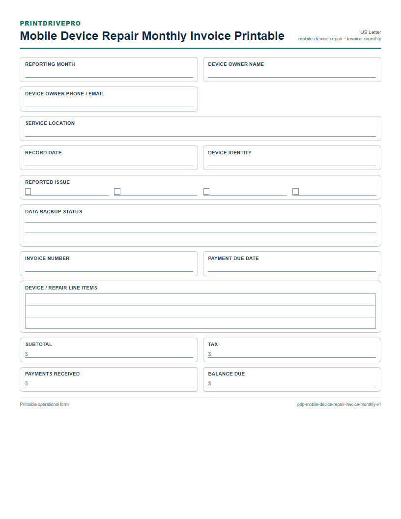 Mobile Device Repair Monthly Invoice Printable preview