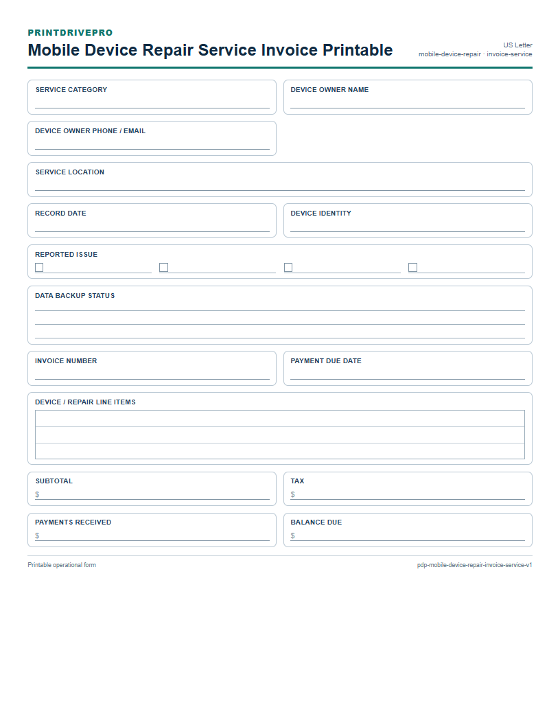 Mobile Device Repair Service Invoice Printable preview
