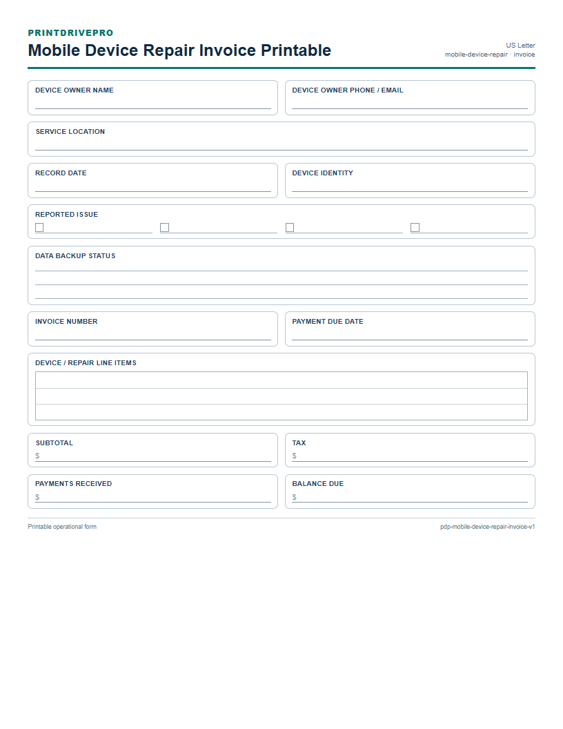 Mobile Device Repair Invoice Printable preview